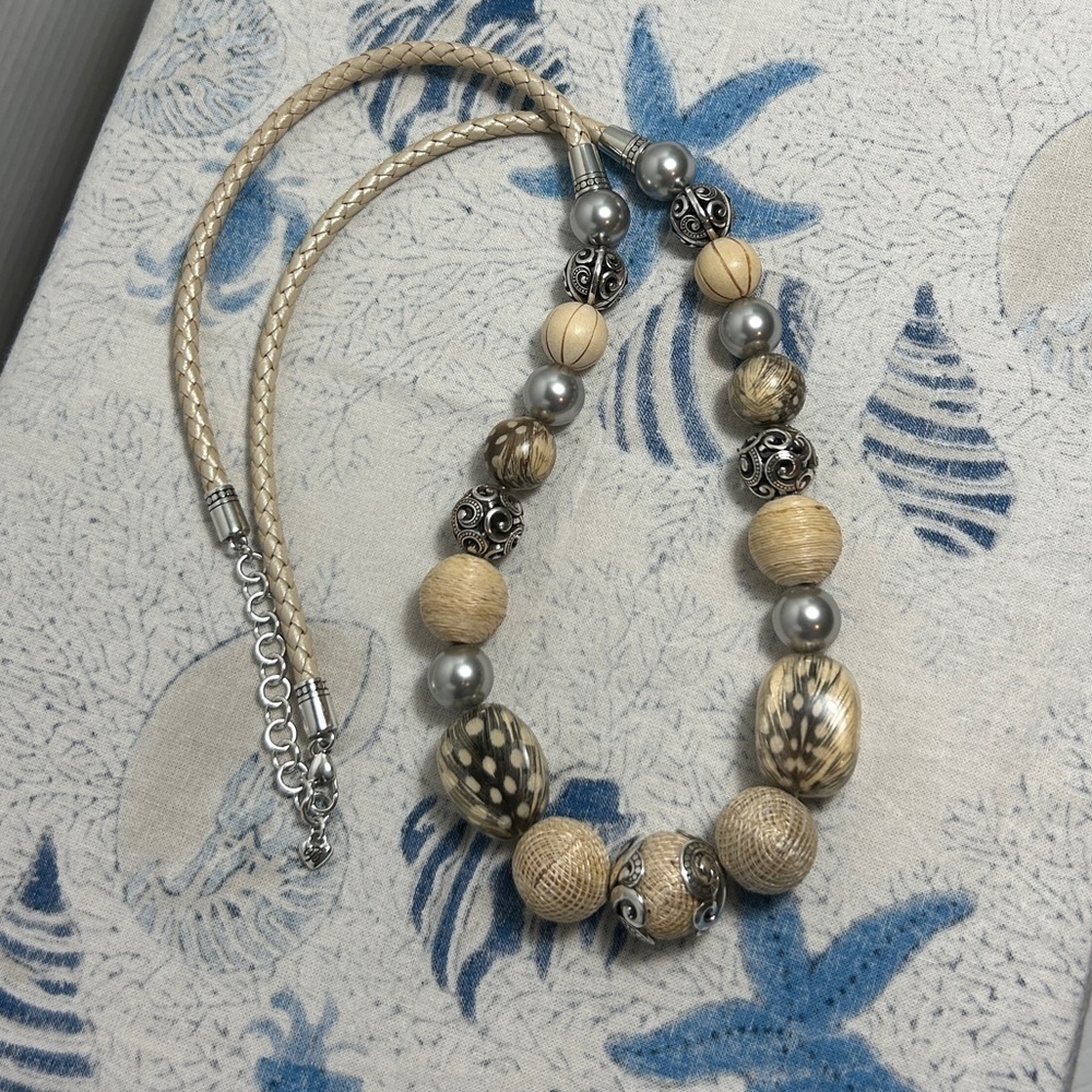 Brighton Natural Instinct Beaded Necklace Leather Braid Silver Plated Boho